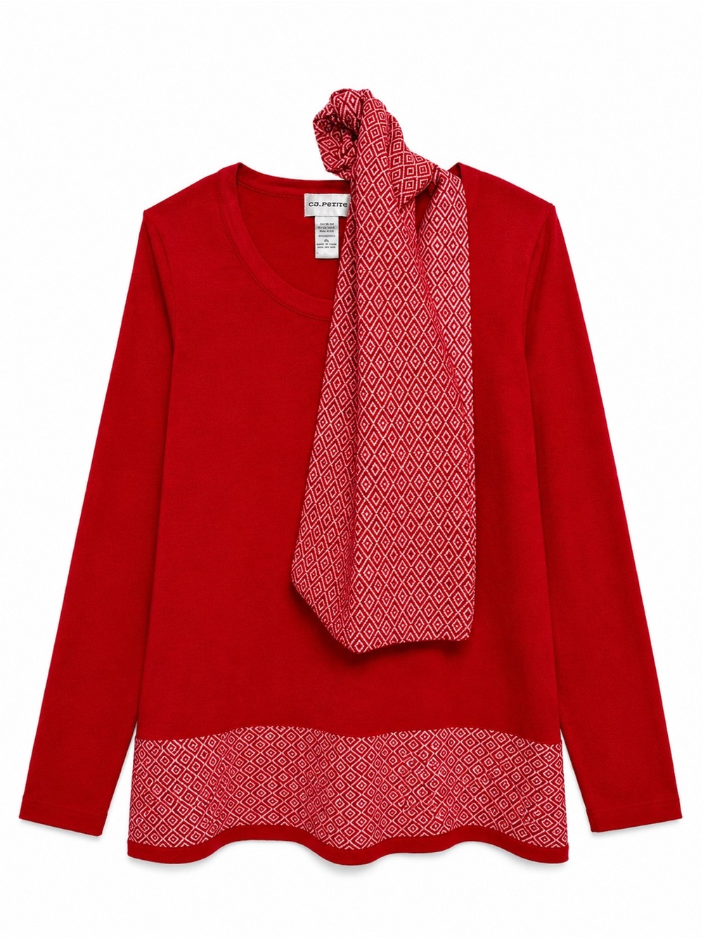 C.O. Potter Red Long-Sleeve Top with Printed Hem and Coordinating Scarf